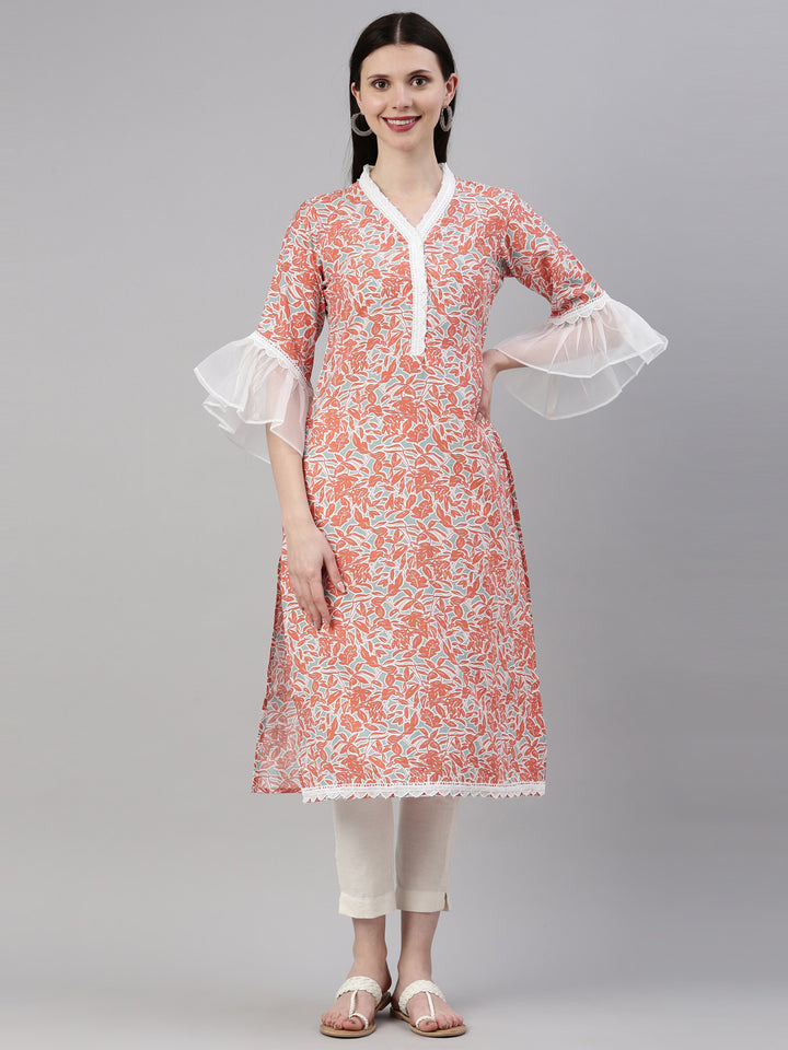 Neerus Orange rayon straight kurti - front view