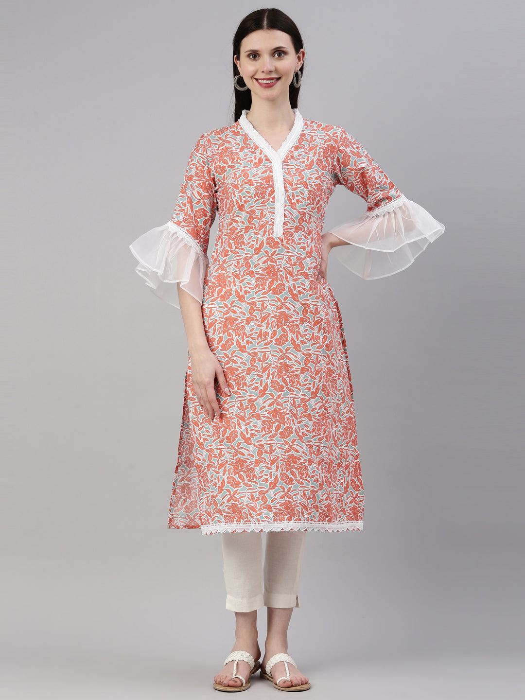Neerus Orange rayon straight kurti - detail view 6