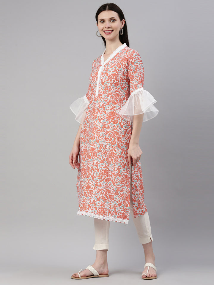 Neerus Orange rayon straight kurti - side view