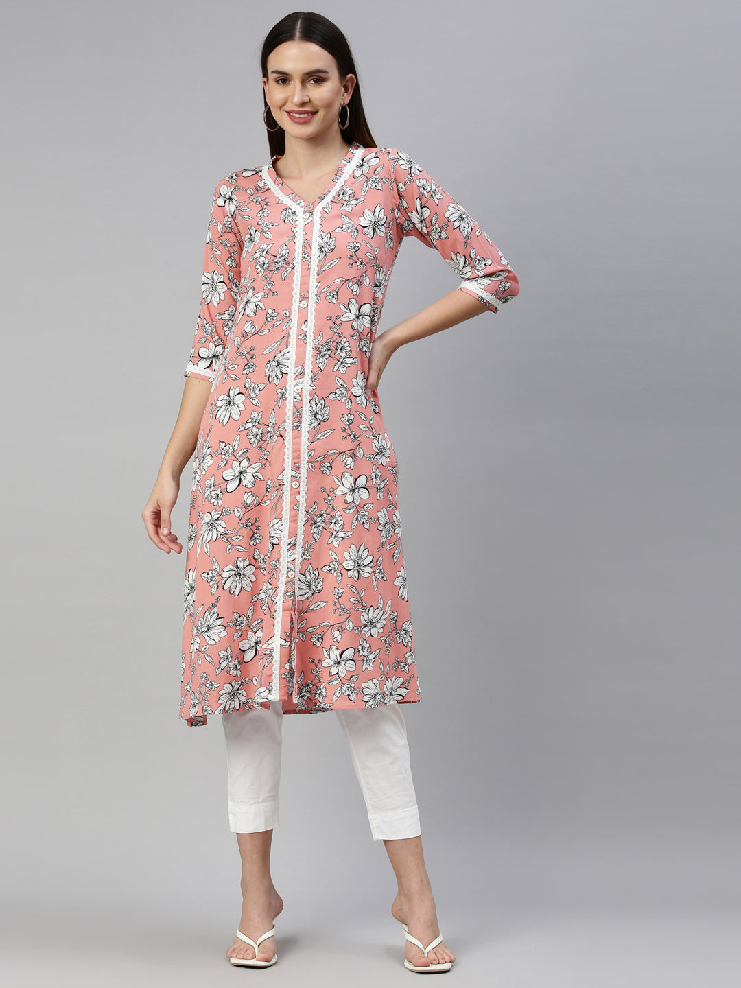 Neerus Pink viscose rayon printed A-line kurti - detail view 6