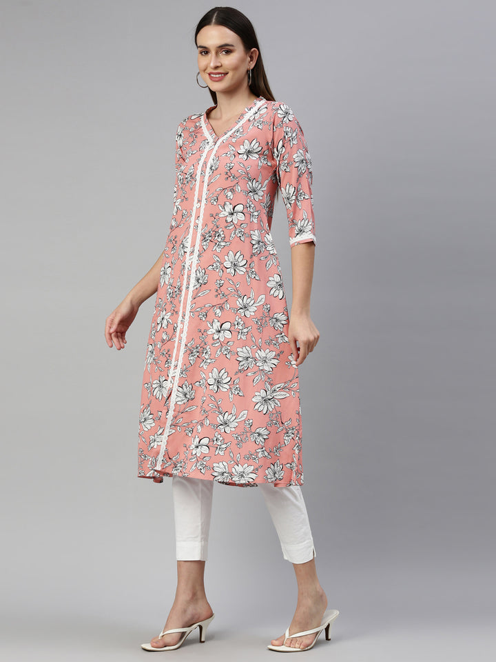 Neerus Pink viscose rayon printed A-line kurti - side view