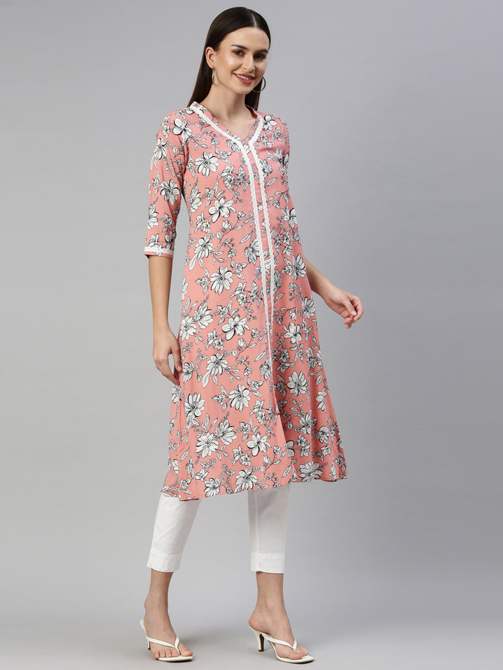 Neerus Pink viscose rayon printed A-line kurti - detail view 1