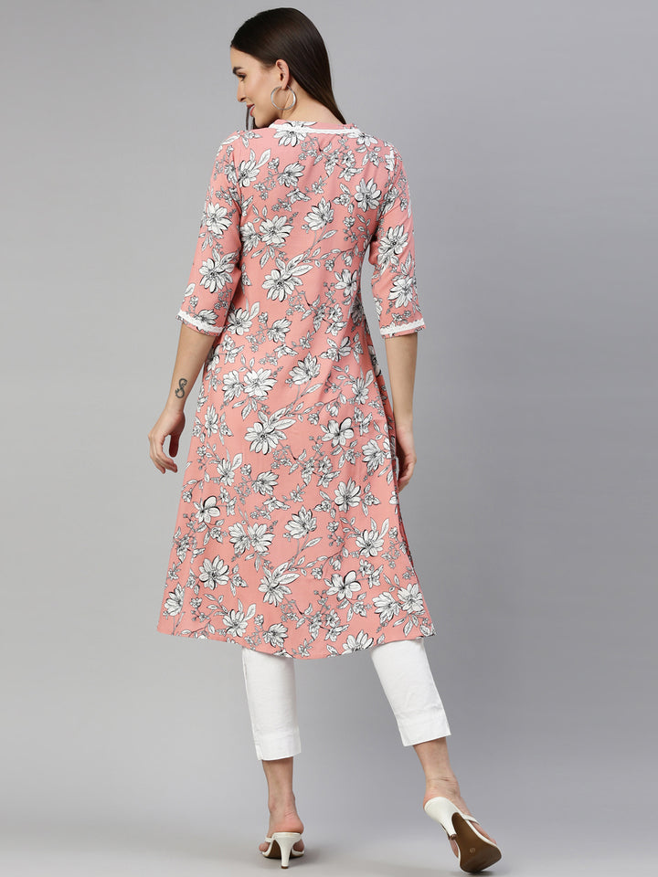 Neerus Pink viscose rayon printed A-line kurti - detail view 2