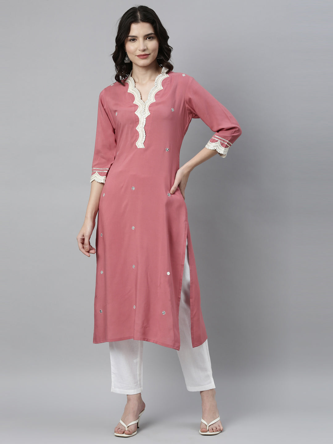 Neerus Onion Color Rayon Fabric Kurta