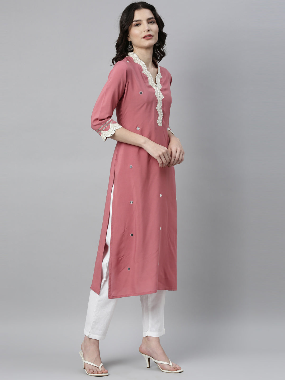Neerus Onion Color Rayon Fabric Kurta