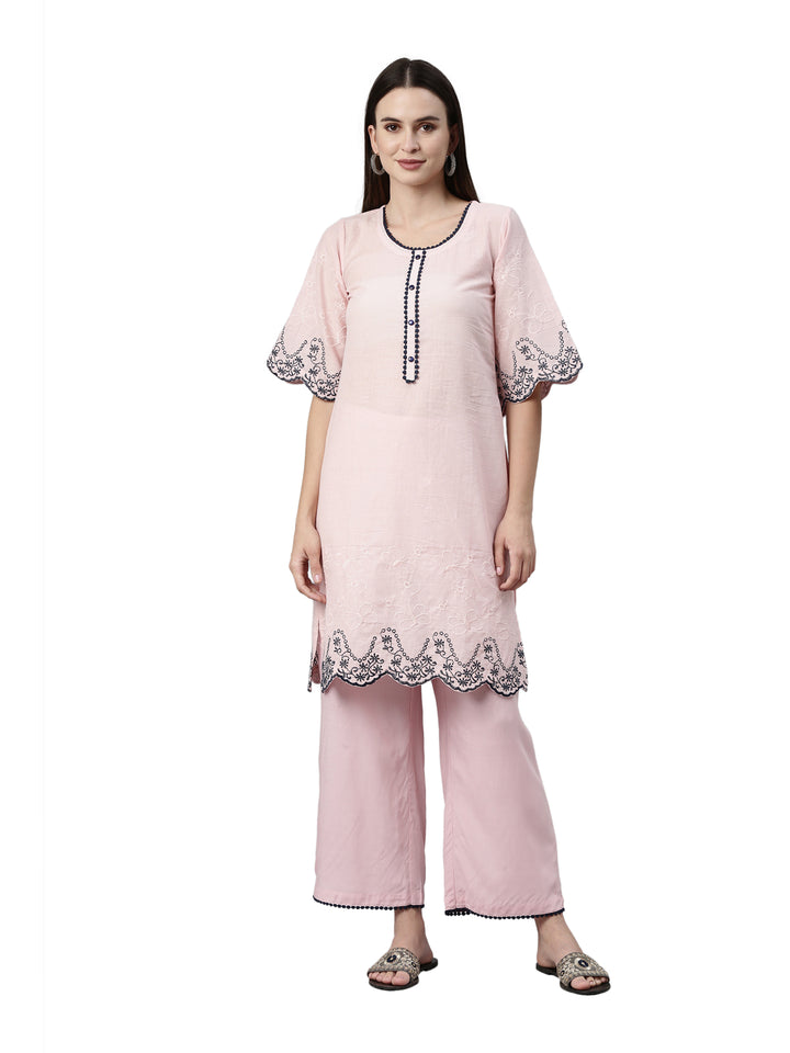 Neerus Baby Pink Color Cotton Fabric Kurta Set