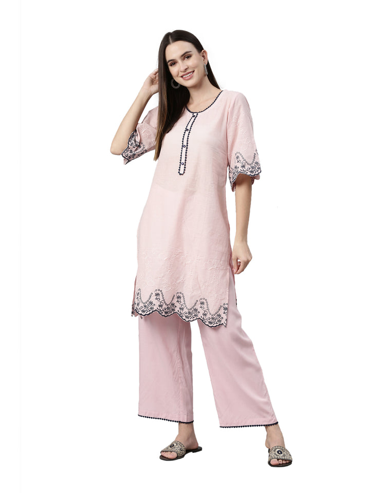 Neerus Baby Pink Color Cotton Fabric Kurta Set