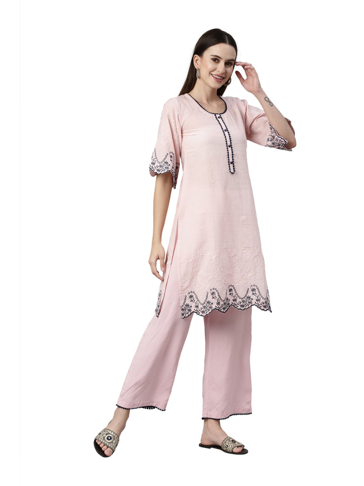 Neerus Baby Pink Color Cotton Fabric Kurta Set