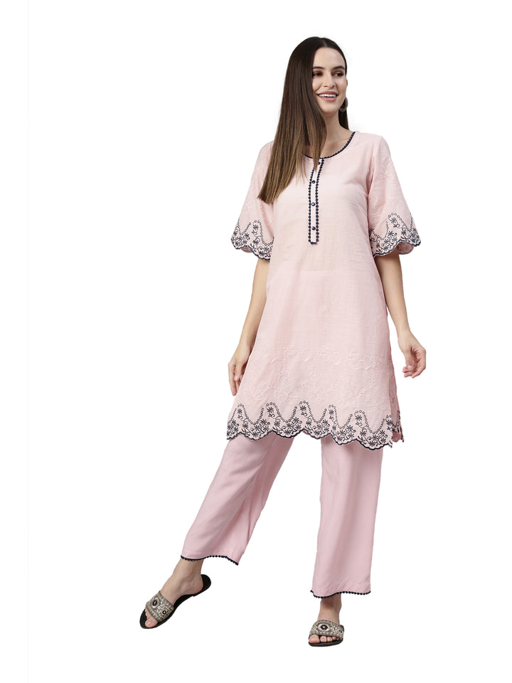 Neerus Baby Pink Color Cotton Fabric Kurta Set