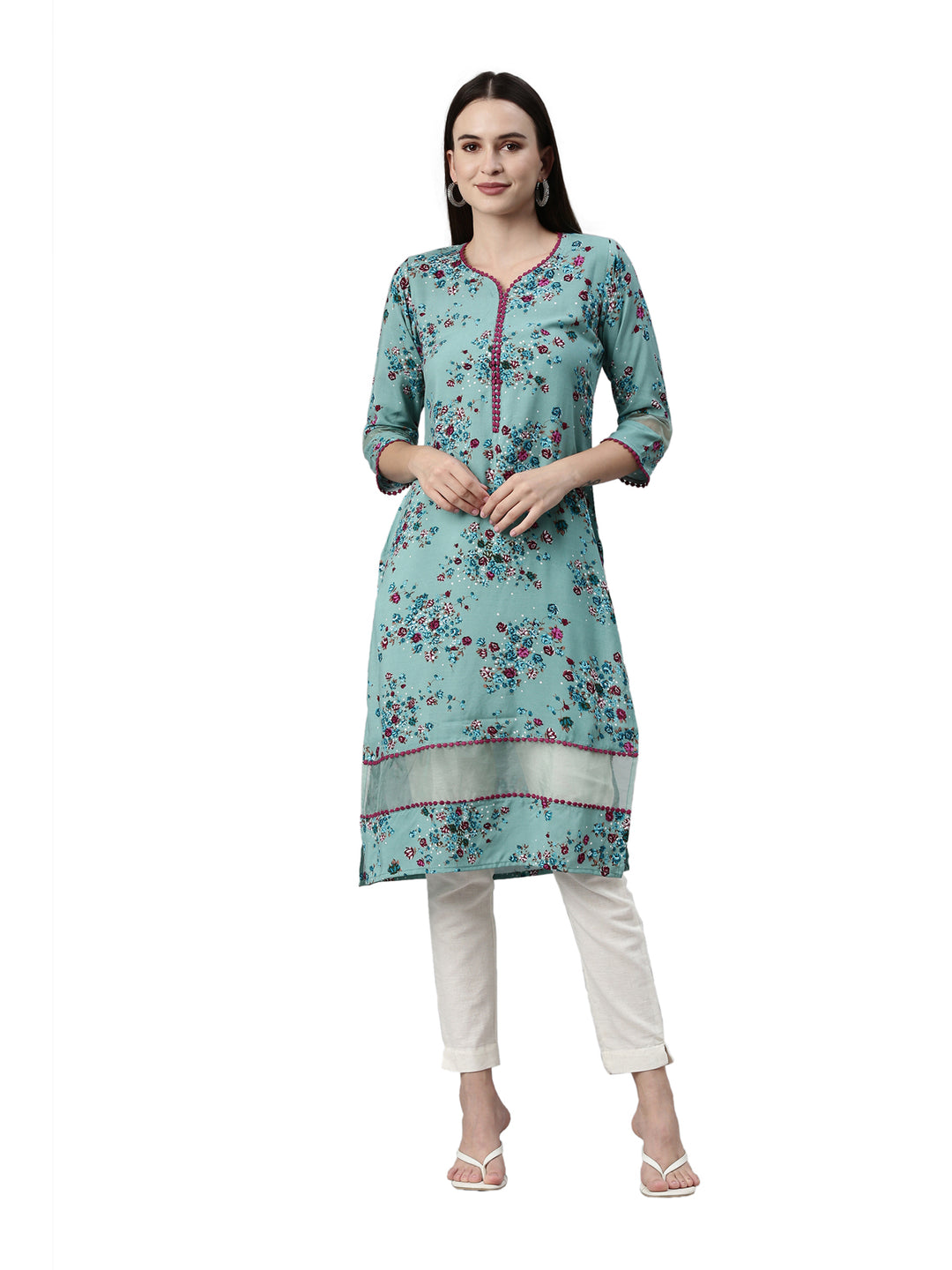 Neerus Green viscose rayon printed kurta - front view