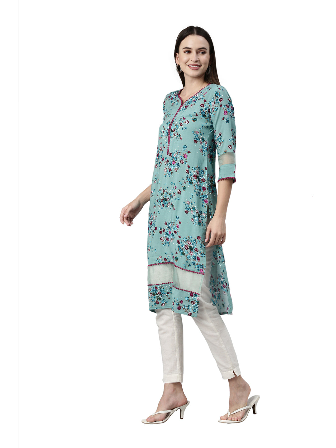 Neerus Green viscose rayon printed kurta - side view
