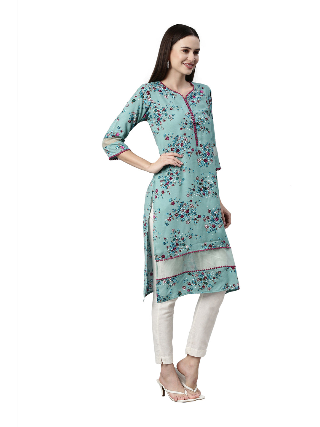 Neerus Green viscose rayon printed kurta - detail view 1
