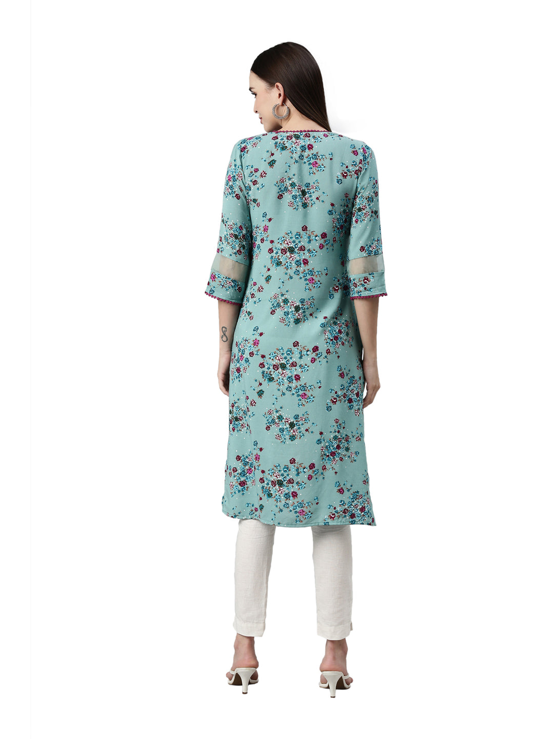 Neerus Green viscose rayon printed kurta - detail view 2