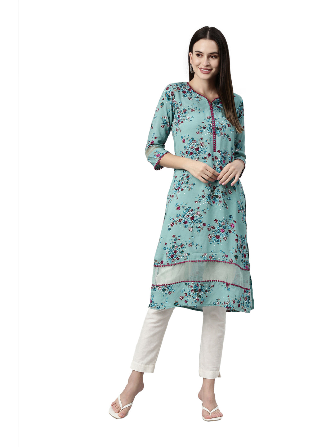 Neerus Green viscose rayon printed kurta - detail view 3