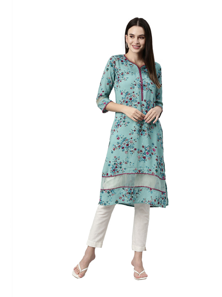 Neerus Green viscose rayon printed kurta - detail view 3