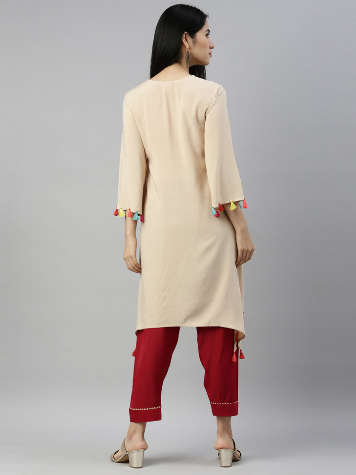 Neerus Beige viscose rayon printed A-line kurta - detail view 2