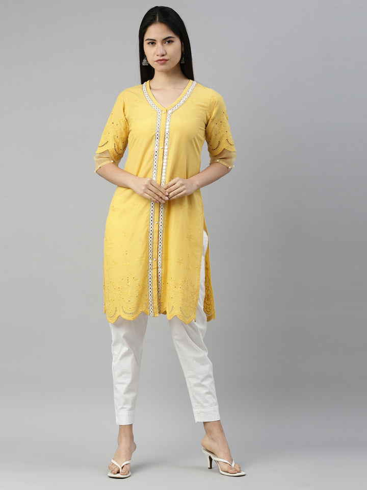 Neerus Yellow Color Cotton Fabric Kurta