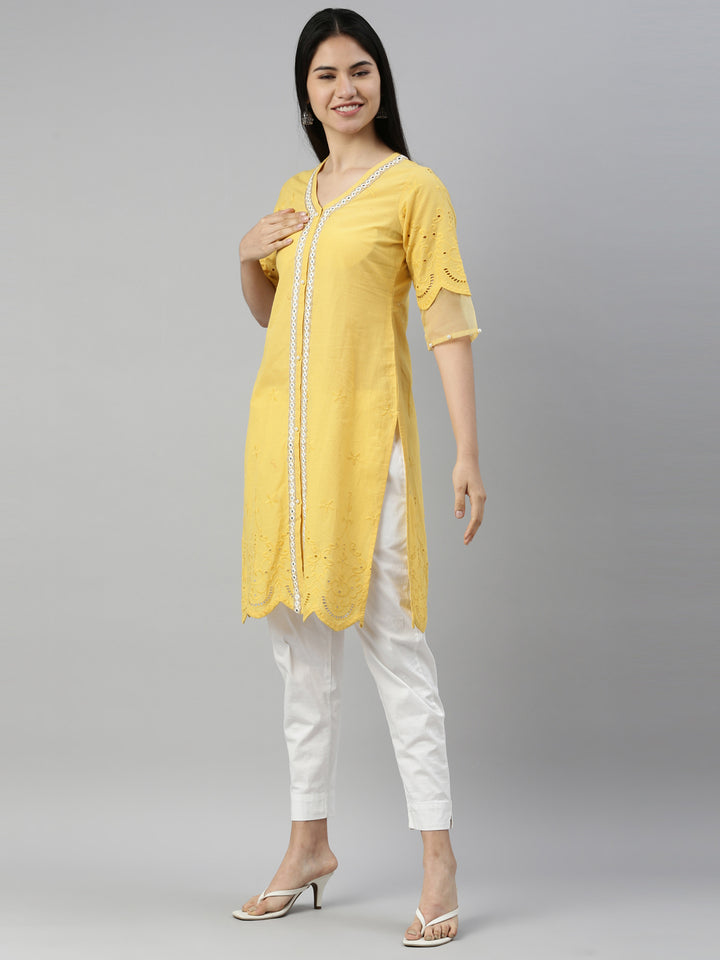 Neerus Yellow Color Cotton Fabric Kurta