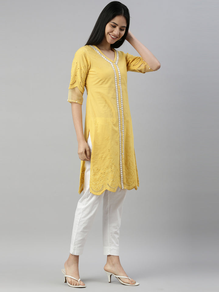 Neerus Yellow Color Cotton Fabric Kurta