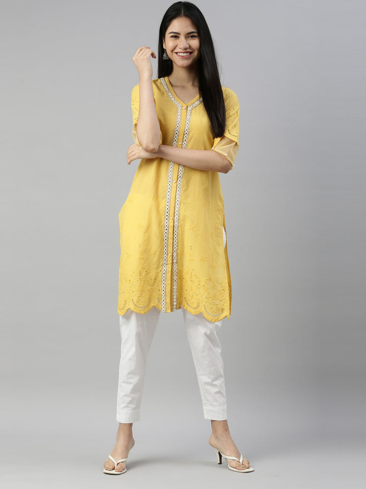 Neerus Yellow Color Cotton Fabric Kurta