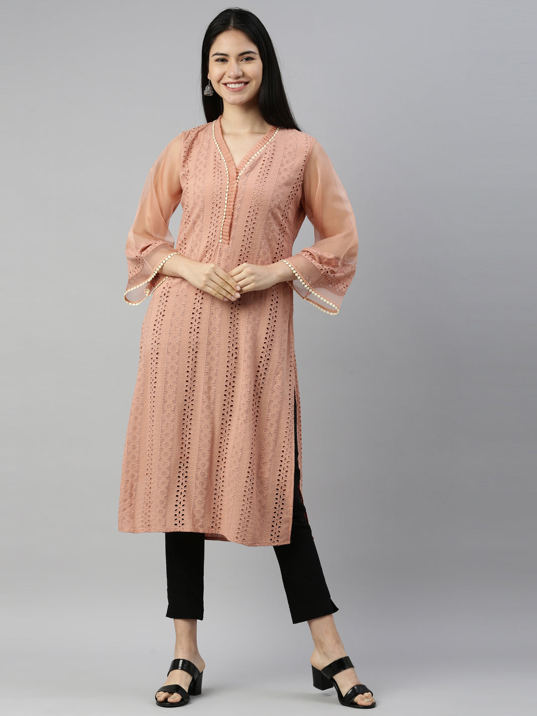 Neerus Onion Color Chiken Fabric Kurta