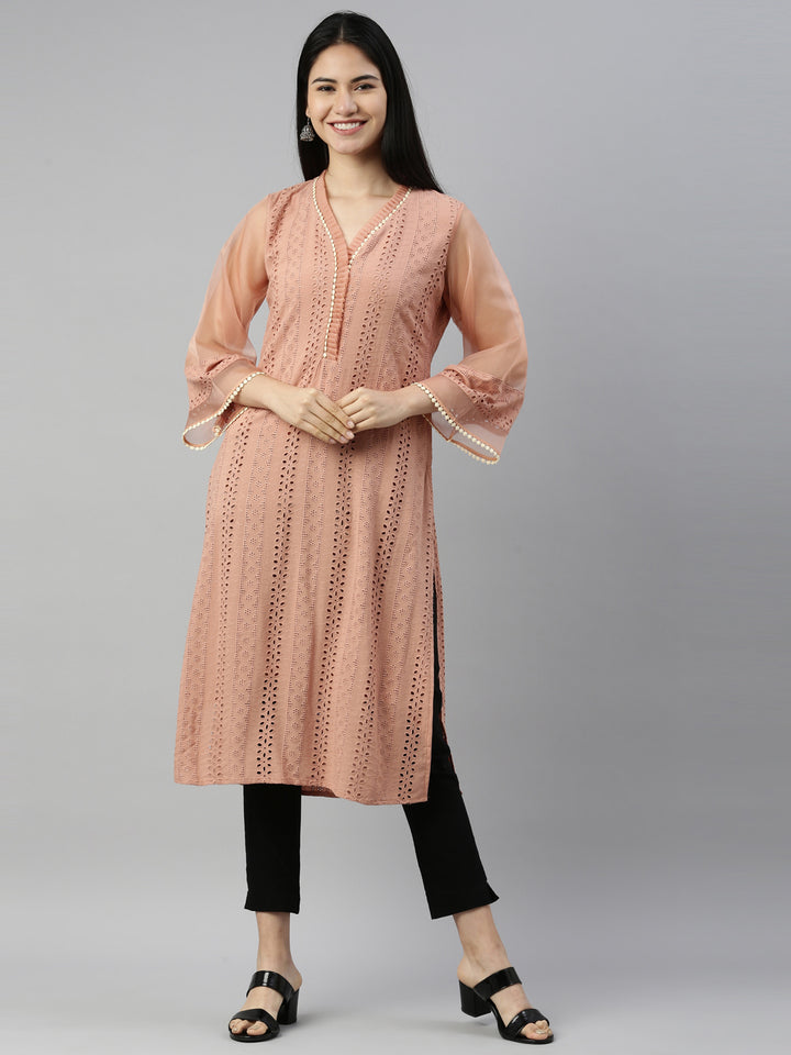 Neerus Onion Color Chiken Fabric Kurta