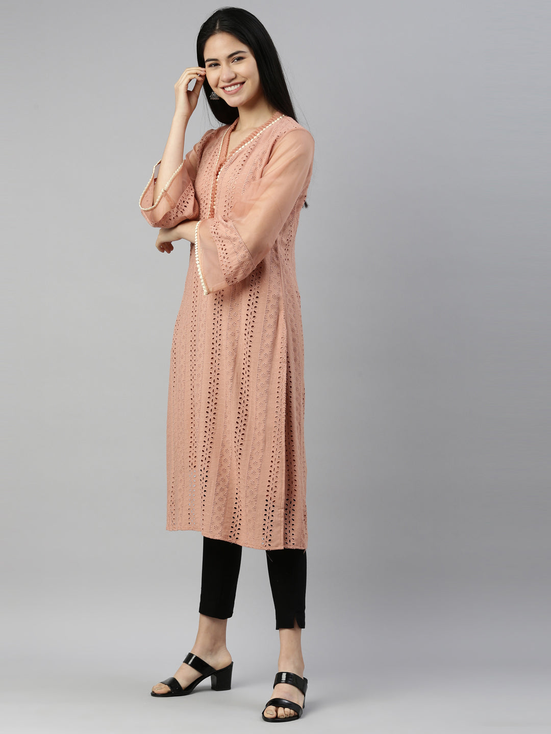 Neerus Onion Color Chiken Fabric Kurta