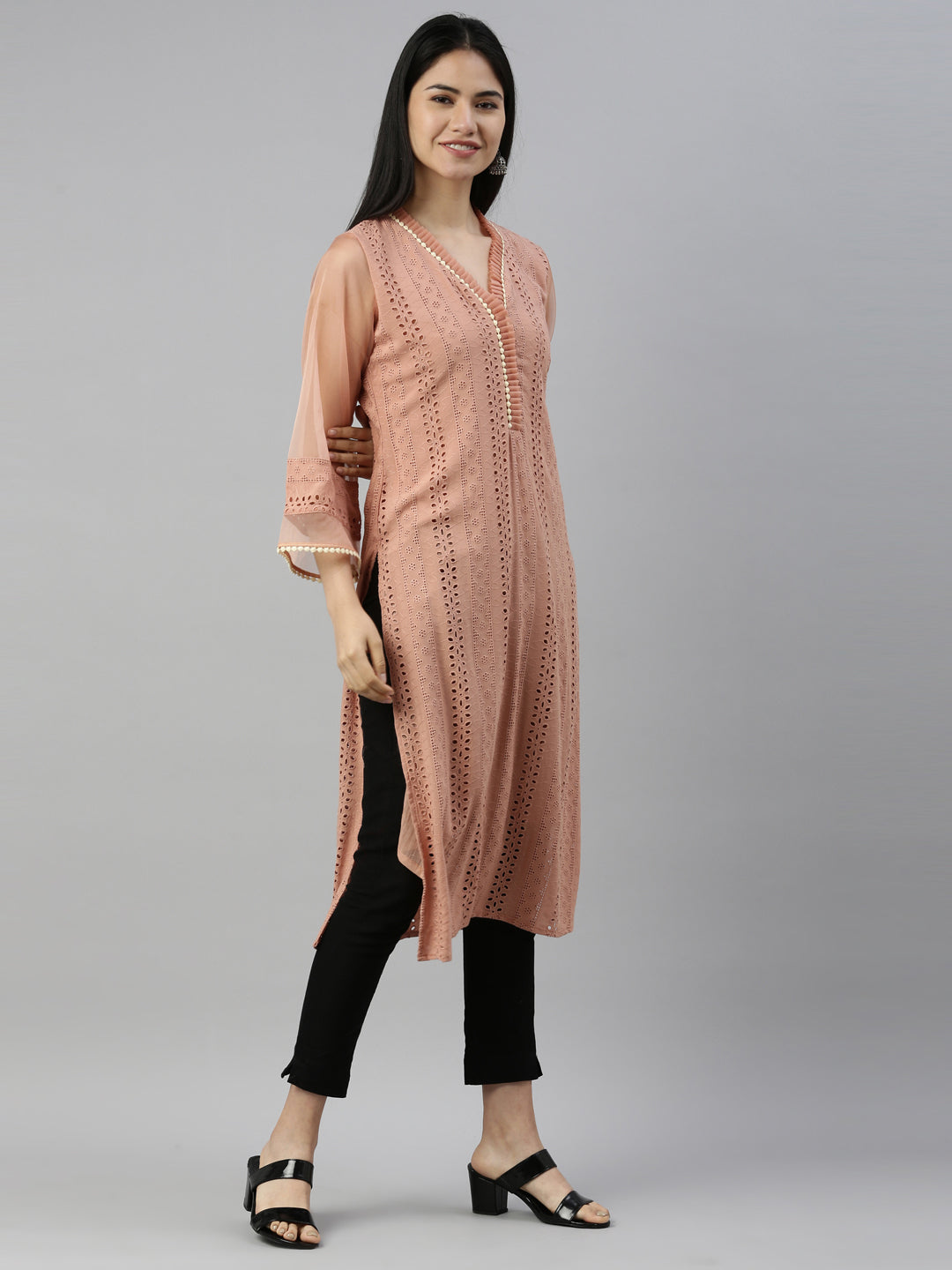 Neerus Onion Color Chiken Fabric Kurta