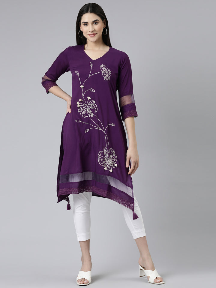Neerus Purple Curved Solid Cotton Silk Kurta