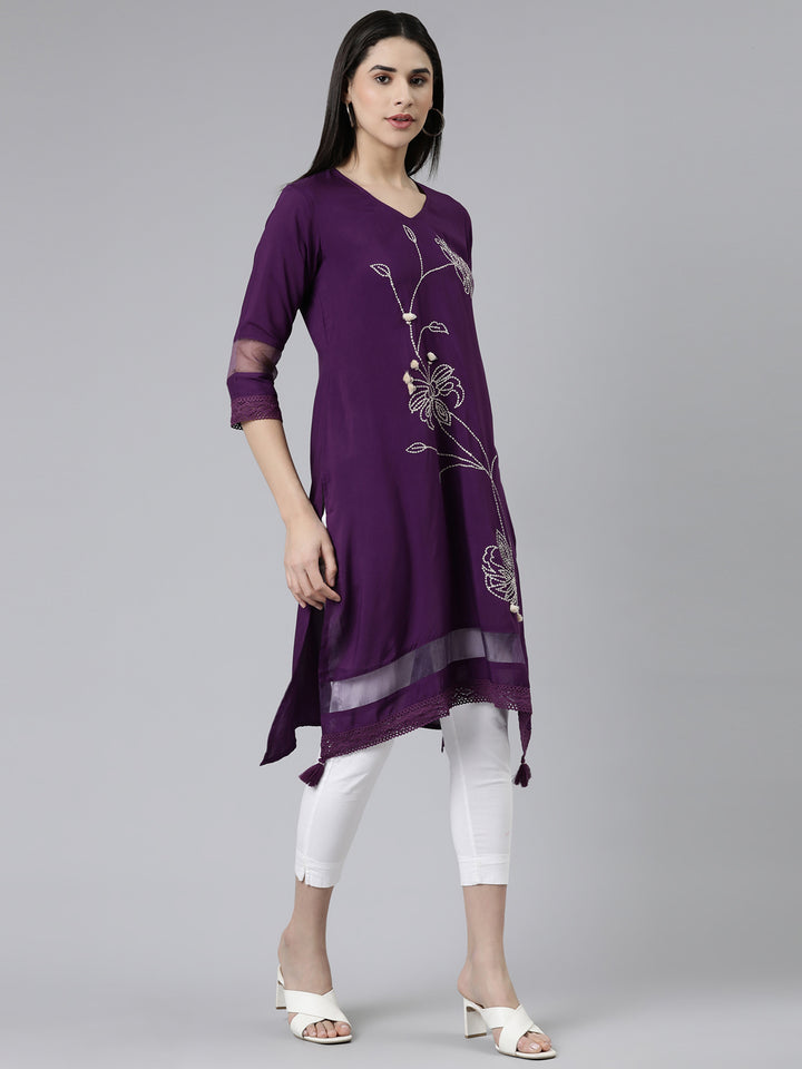 Neerus Purple Curved Solid Cotton Silk Kurta