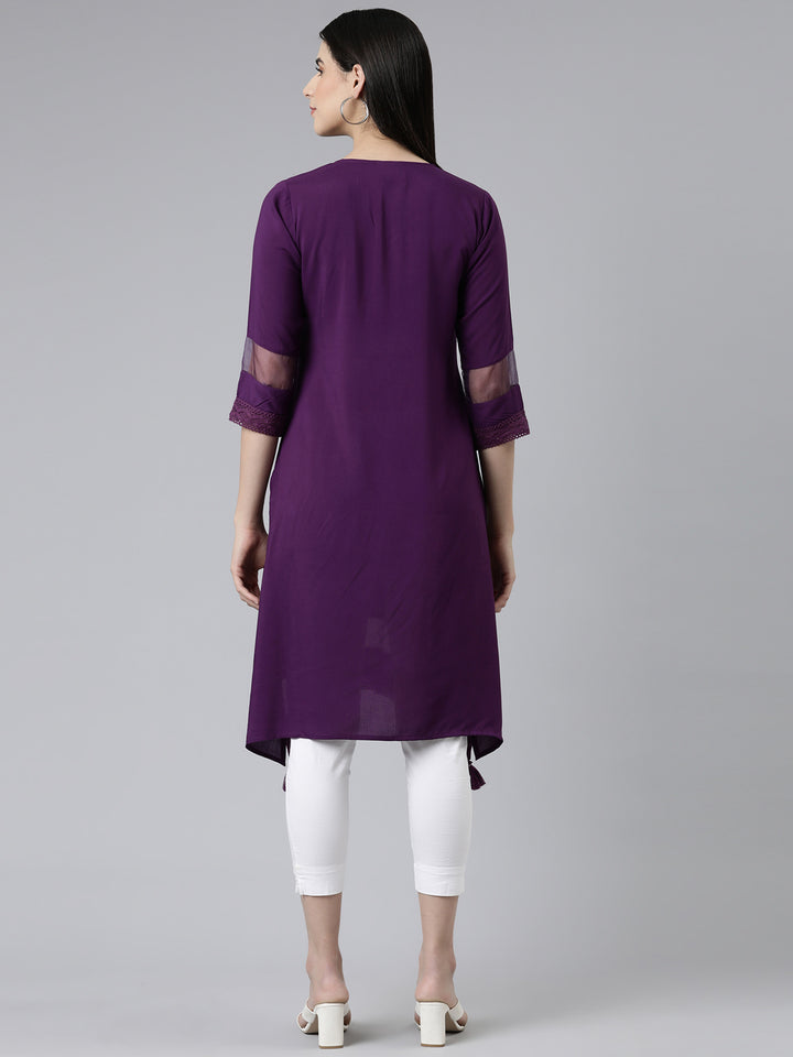 Neerus Purple Curved Solid Cotton Silk Kurta