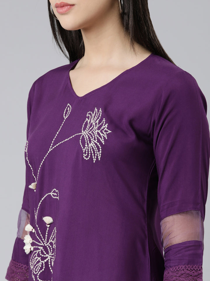 Neerus Purple Curved Solid Cotton Silk Kurta