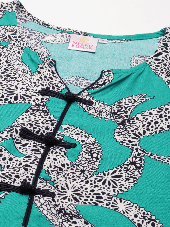 Neerus Green Curved Printed Cotton Silk Kurta