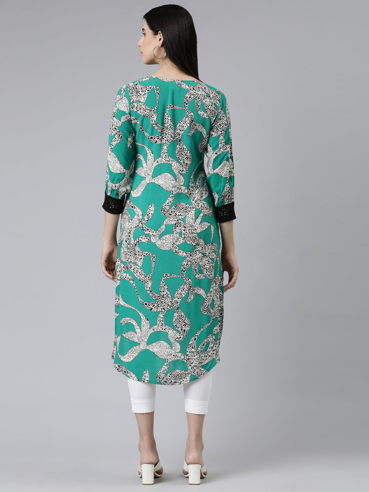 Neerus Green Curved Printed Cotton Silk Kurta