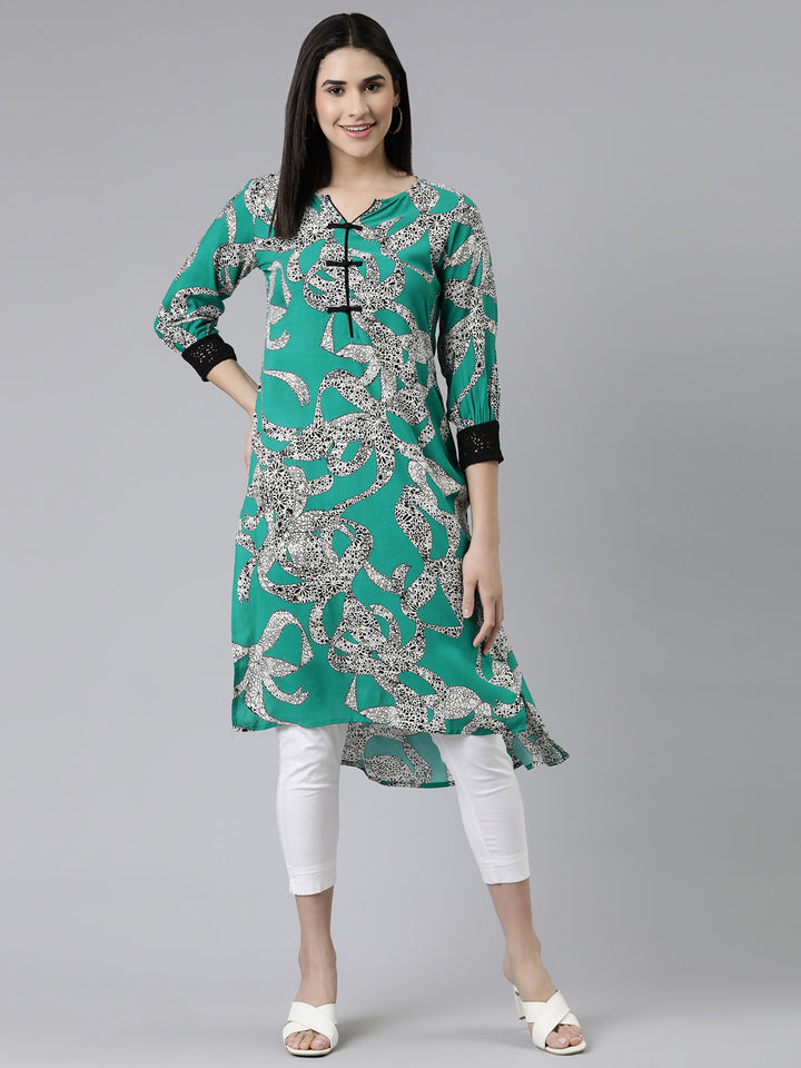 Neerus Green Curved Printed Cotton Silk Kurta