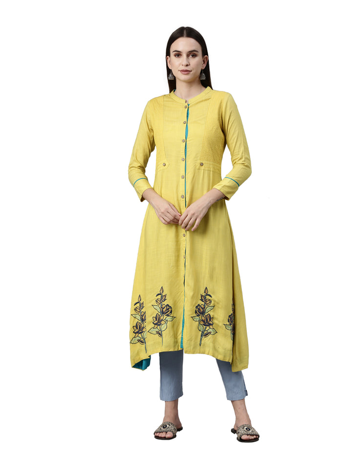 Neerus Yellow slub cotton solid kurti - front view