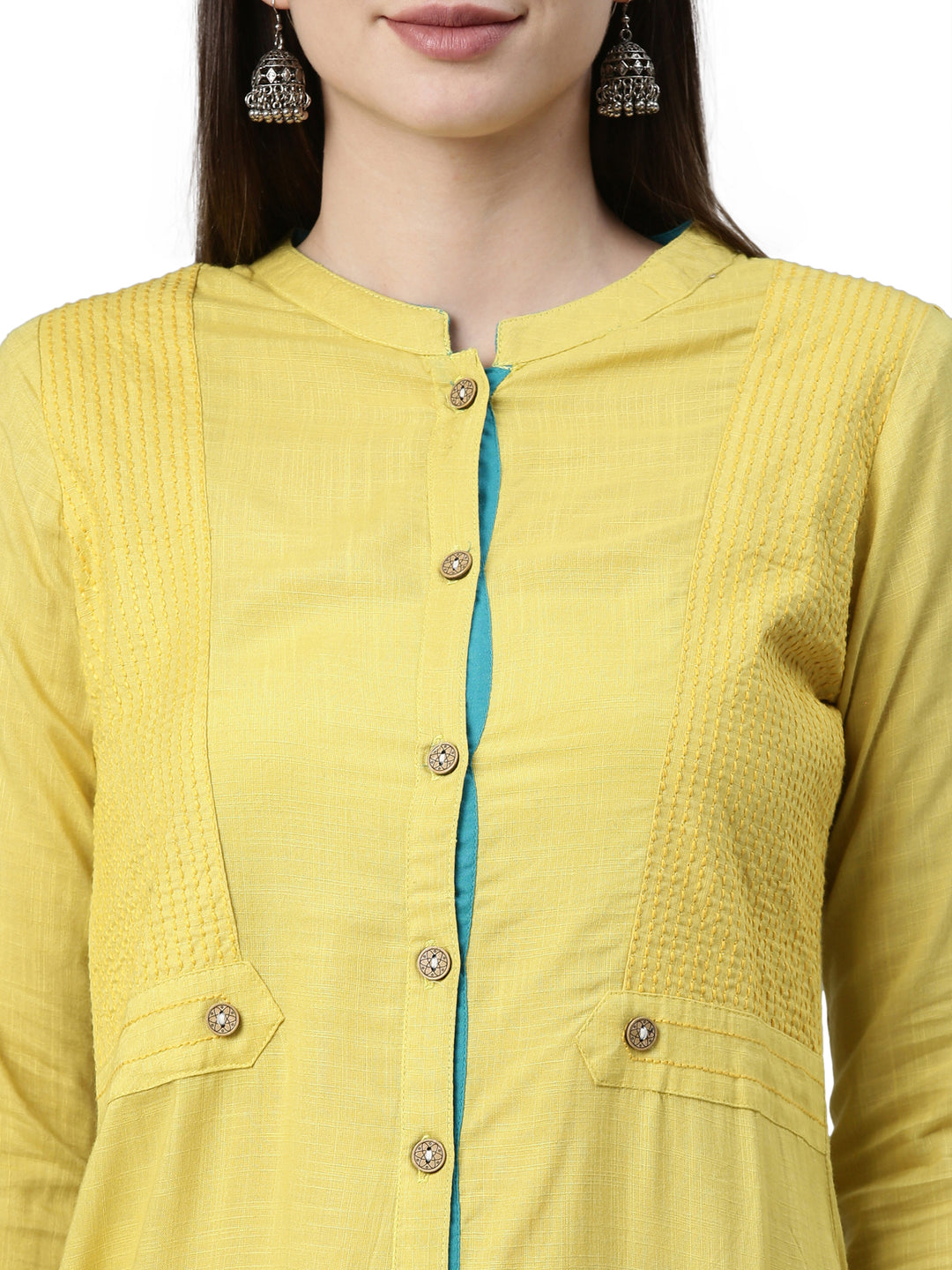 Neerus Yellow slub cotton solid kurti - back view