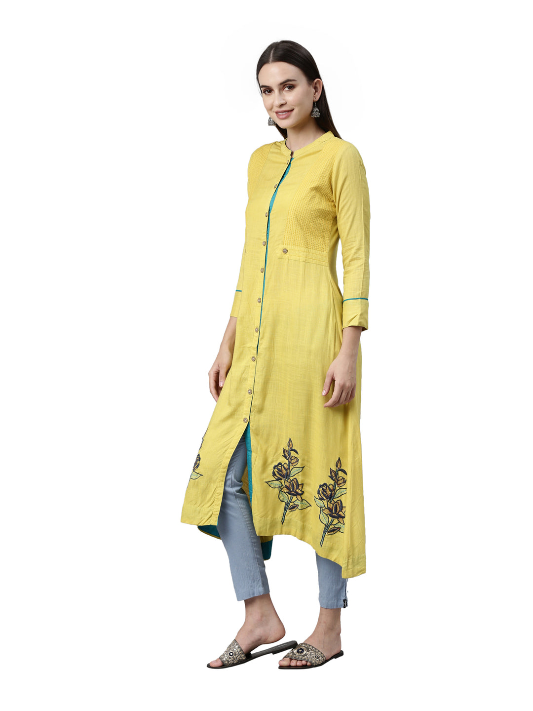 Neerus Yellow slub cotton solid kurti - side view