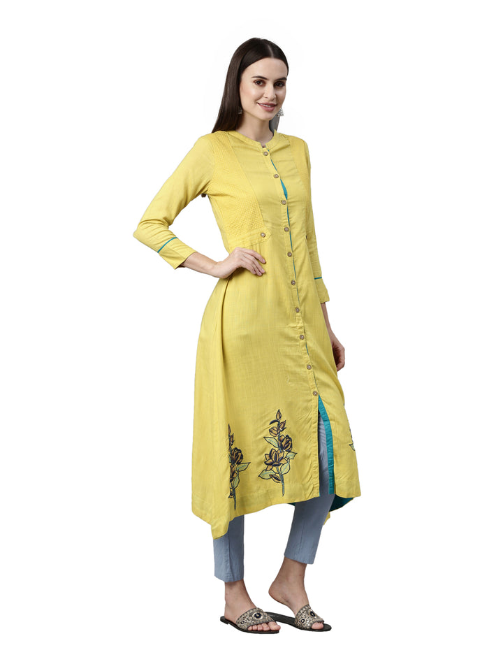 Neerus Yellow slub cotton solid kurti - detail view 1