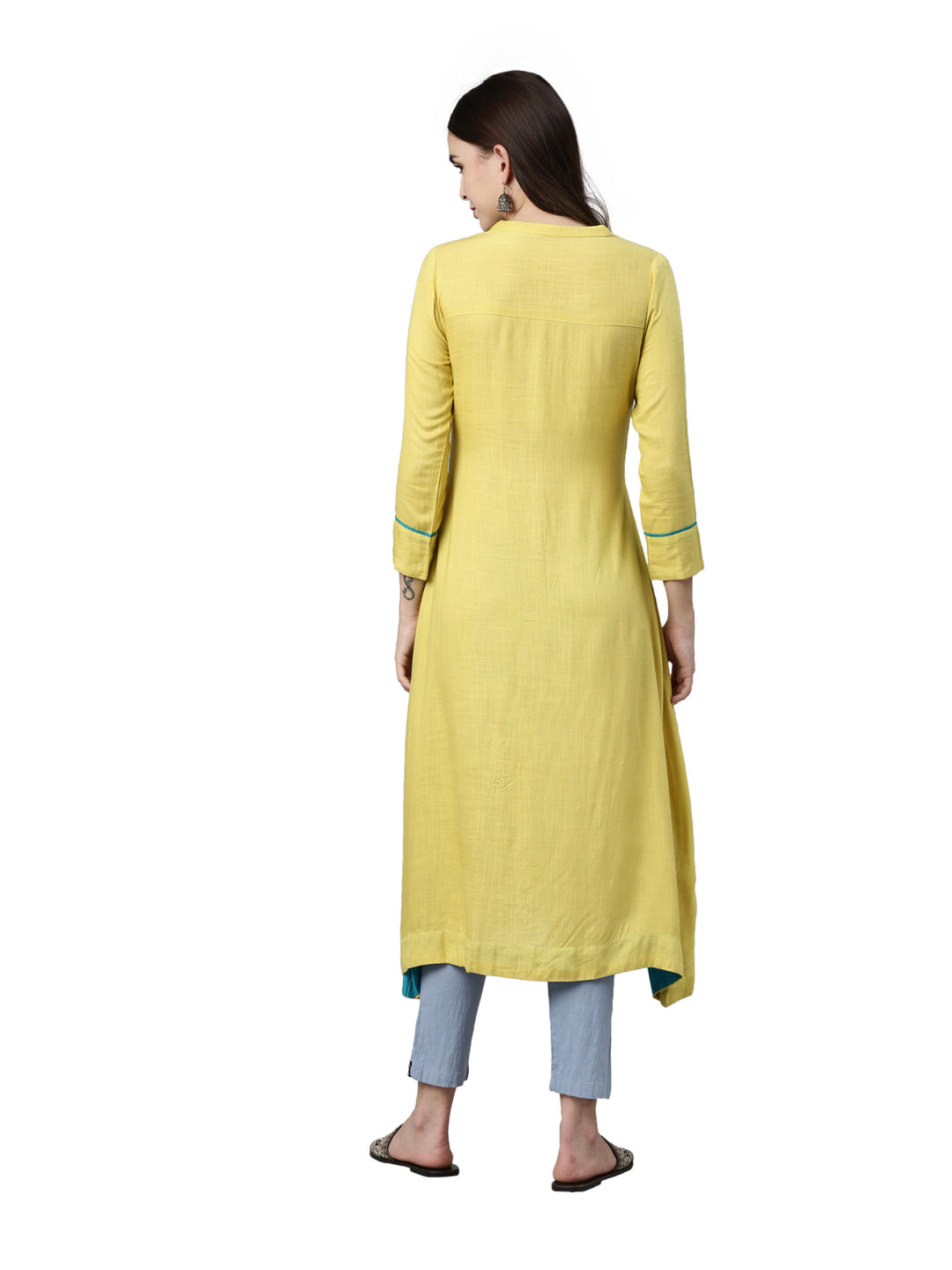 Neerus Yellow slub cotton solid kurti - detail view 2