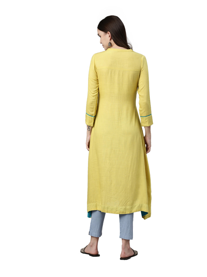 Neerus Yellow slub cotton solid kurti - detail view 2