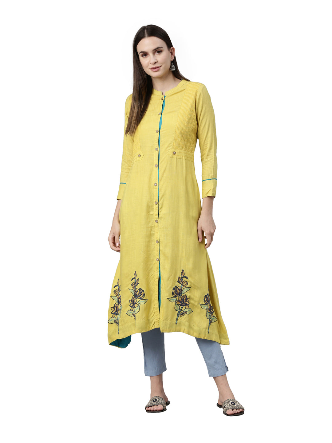 Neerus Yellow slub cotton solid kurti - detail view 3