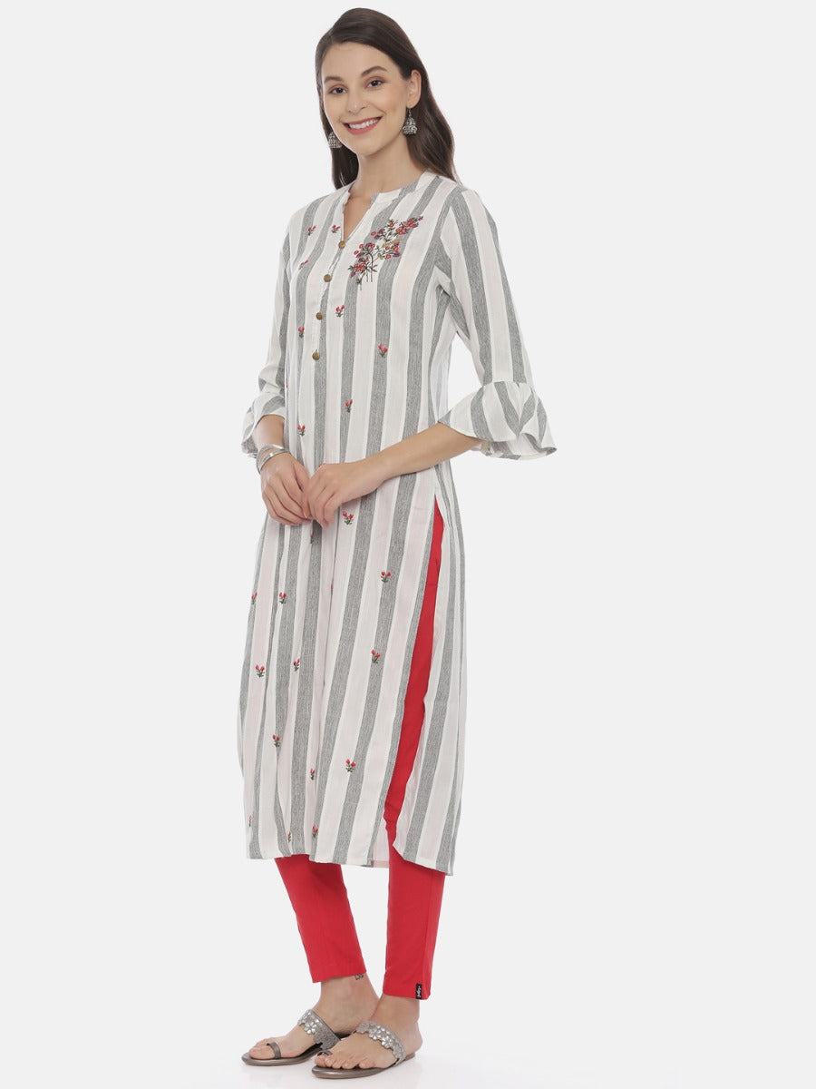 Neerus Grey Embroidered Straight Kurta