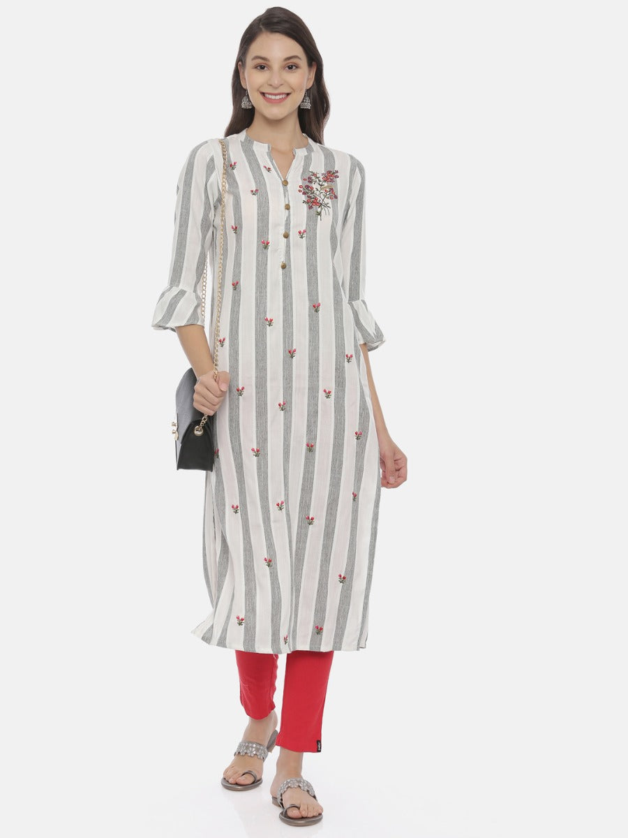 Neerus Grey Embroidered Straight Kurta