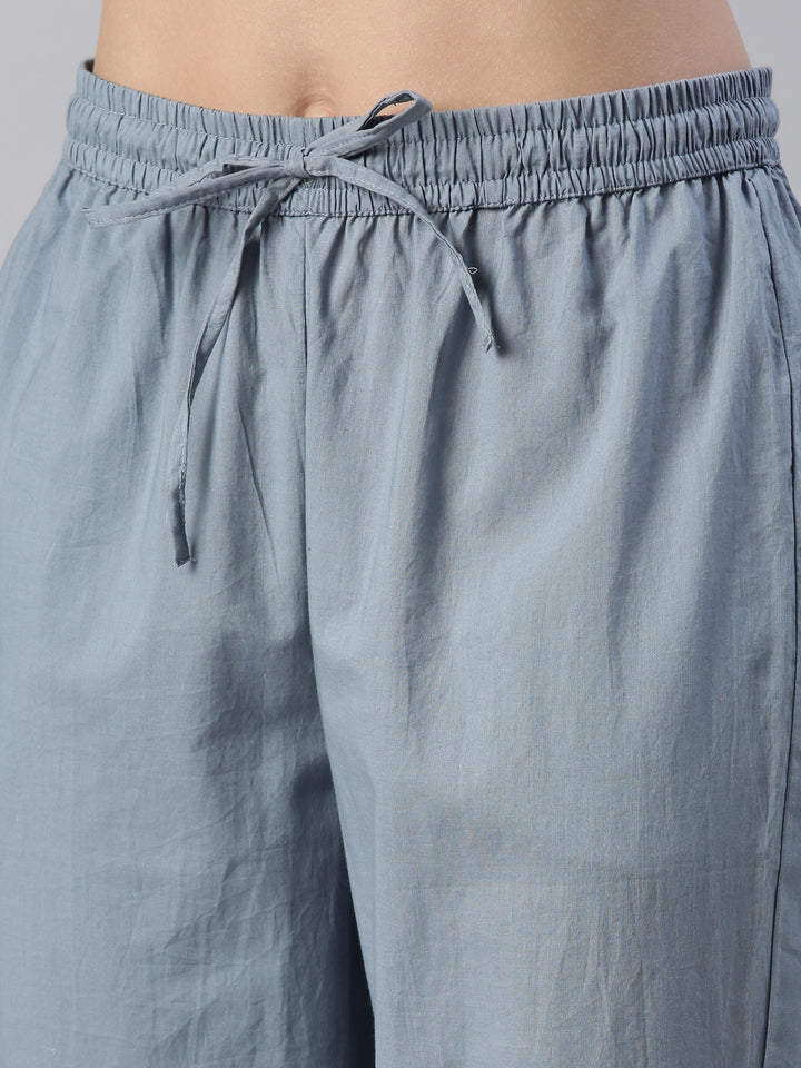 Neerus Blue cotton solid kurta set with trouser and dupatta - detail view 3