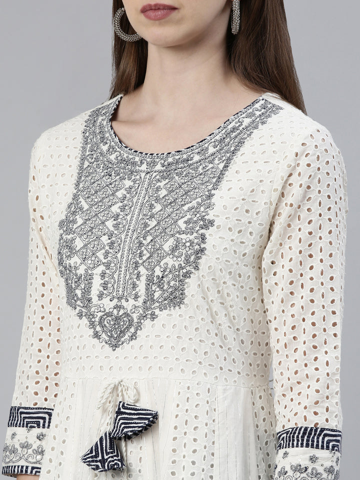 Neerus White Regular Knee Length Printed Kurta Printed Trousers With Dupatta