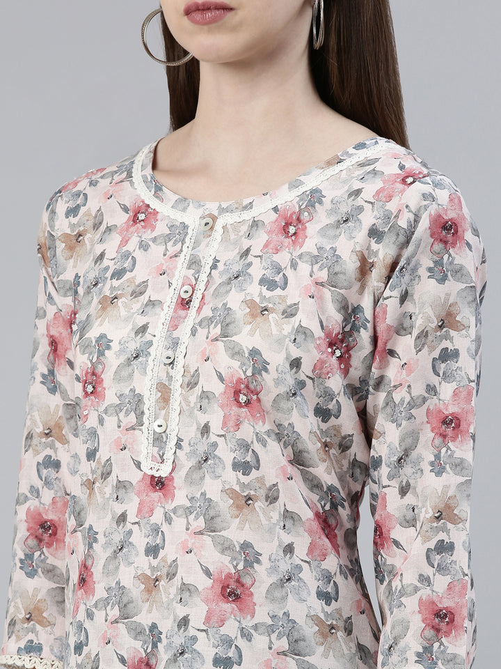 Neerus Multi cotton printed straight kurti - detail view 1