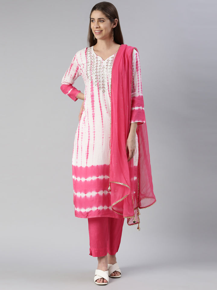 Neerus Women Pink Printed Calf Length Kurta And Trousers With Dupatta