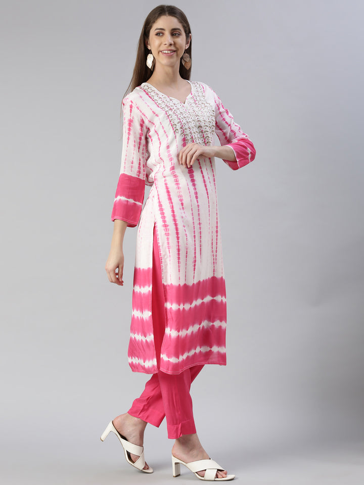 Neerus Women Pink Printed Calf Length Kurta And Trousers With Dupatta