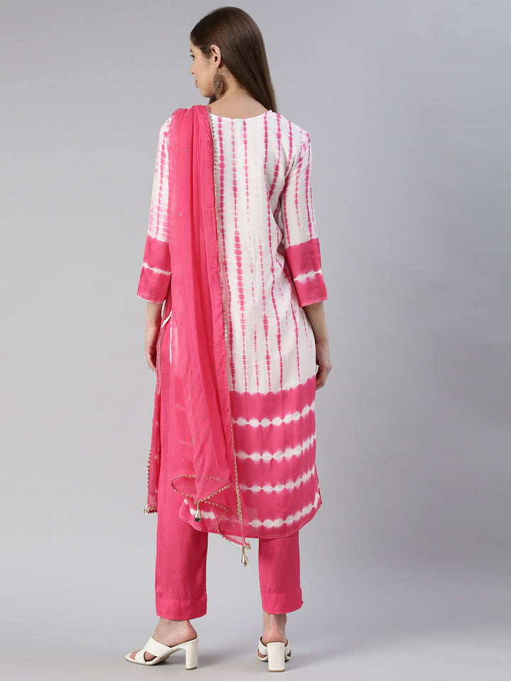 Neerus Women Pink Printed Calf Length Kurta And Trousers With Dupatta